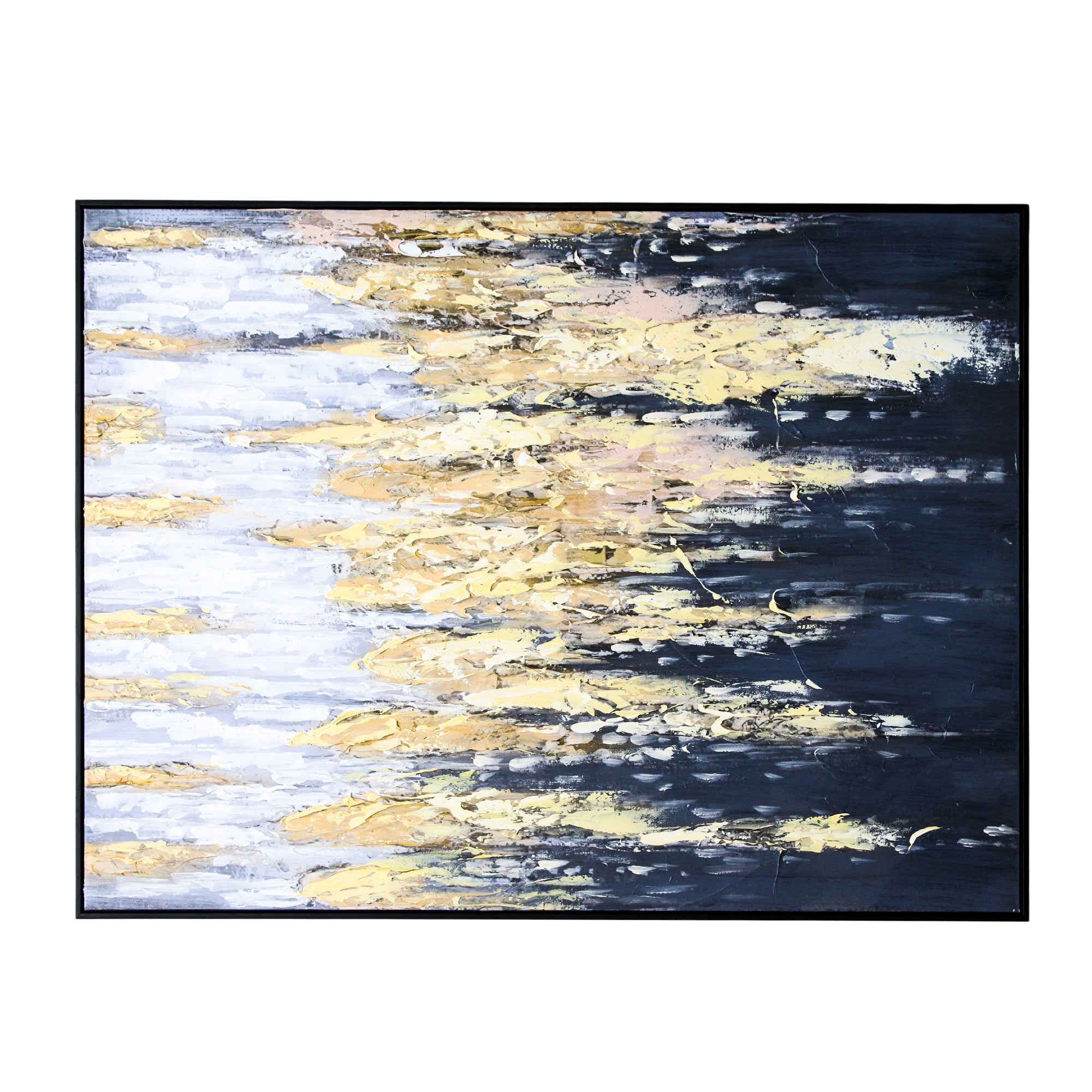 Large Abstract Canvas with Bold Gold Accents with Black Frame